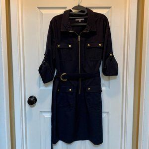 Navy Blue Sharagano Belted Pocket Zip Dress